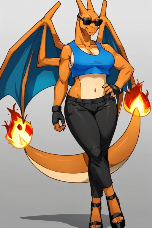 ((Charizard)), anthropomorphic, big boobs, big ass, pokemorph, (((1girl))), (((pink cropped tank top))), (black pants), (sunglasses), cute and sexy, (black heels), slender, orange skin, (black fingerless gloves), long legs, smiling
