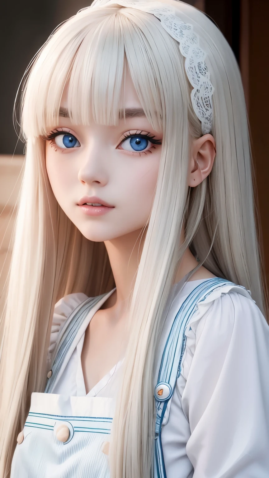 bright look、photorealism、highest quality、Super high resolution、picture、Photo of an exquisitely beautiful Scandinavian girl、extraordinary beautiful girl、cute and beautiful face details、(Pueros face_v1:0.008)、beautiful bangs、alice in wonderland、18-year-old、Shining white skin、hair run that extends to the face、bangs between the eyes、super long hair、Attractive light and dark platinum blonde super long straight silky hair、thin hair、Charming shining beautiful bright clear light blue big eyes、white apron、yellow dress、eyeliner、double eyelid、rich bust