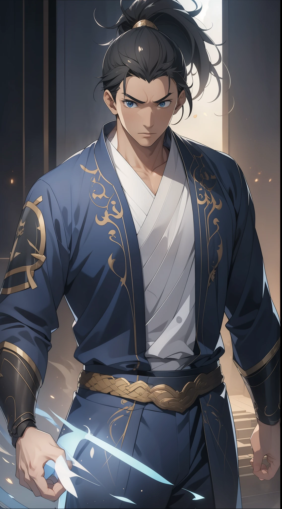 Two dimensions,anime style,one person(male warrior),proportions are correct,facial details,swordsman,high ponytail hairstyle,neck detail,Have an Adam's apple,Blue suit,joke,blue robe,clothing details,transfer,long sleeves,Game quality,fencing,Ray tracing,Ray tracing,Detailed glow,CG rendering,hair details,long black hair,blue eyes,Handsome,Handsome,(Youthful feeling),Clothing is complicated,Perfect composition,refine,high quality,higher details,many details,Complex background,a sense of atmosphere,