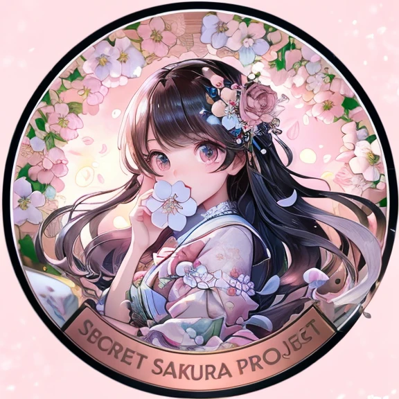 a close up of a person holding a flower in front of a circle, (8K、Raw photo、highest quality、masterpiece:1.2)、super detailed、Super high resolution、(realistic、photo realistic:1.37)、Portrait、High detail RAW color photography、professional photos、very delicate and beautiful、very detailed、 8k wallpaper、grow、finely、huge file size、official art、very detailed CG Unity 8K 壁紙、very detailed美少女、very detailed顔、extremely detailed eye、very detailed肌、very fine fingers、very detailed鼻、very detailed口、perfect anatomy、very detailed背景、very detailed服装、1 girl、(18-year-old:1.2)、10th generation、cute女の子、famous japanese idol、cute、(small breasts:1.2)、realistic body、petite、pure white skin、shiny skin、slender body、good style、black haired、hair tied up、(bangs:1.2)、laughter、cute、young、cute faces、lifelike face、Beautiful eyes、ordering sauce、(cherry blossom pattern kimono:1.4)、intricate embroidery、earrings、(Cherry Blossom Hair Ornament:1.2)、eye、cowboy shot、frontage、standing athletic pose、contrapo、outside the house、(night:1.4)、Japanese style、cherry blossom in full bloom、dynamic lighting、