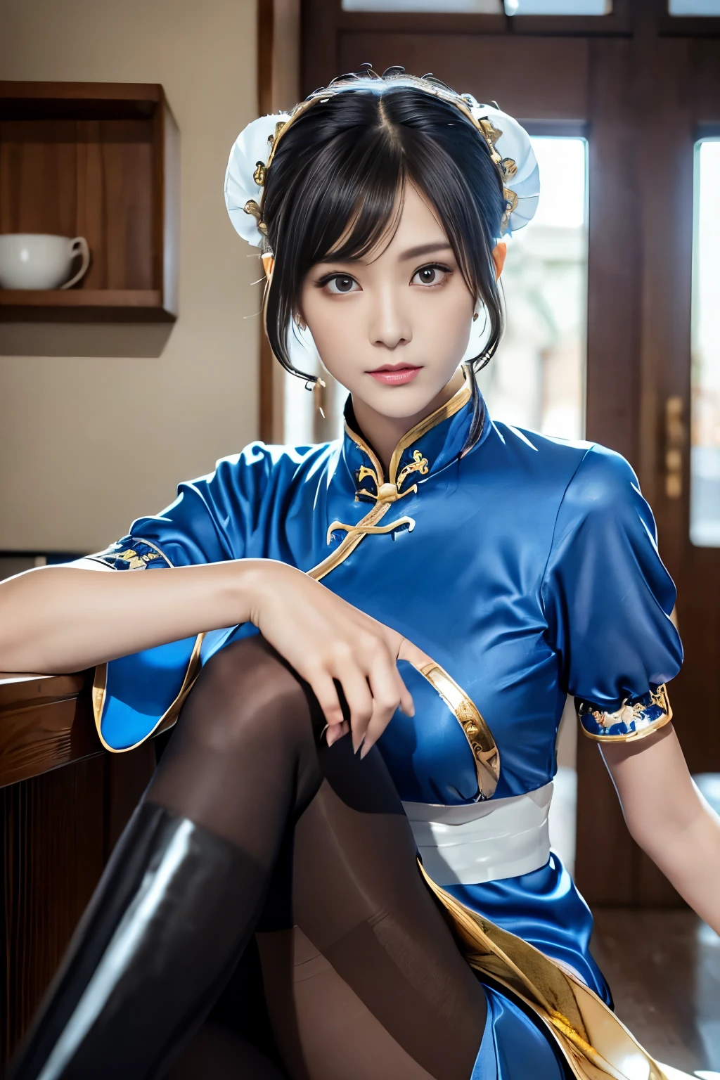 Live-action version of Chun-Li from Street Fighter，RAW photo,,(Blue china clothes、Ｃcup breast)、(Looks like a super realistic photo)、portrait、perfect angle、(professional quality、High resolution)、perfect contrast、perfect lighting、perfect composition、perfect skin、perfect hands、perfect fingers、perfect breasts、perfect fast perfect、A masterpiece that reproduces realistic facial features and hairstyles、White Hair Clip、ribbon)、(supermodel with long legs)、 ((Sexy blue and gold cheongsam、puff sleeves、White band、blue front droop、Sticky Wristband、thigh slit))、((blue front droop))、(cute日本の女の子、Face the front and look at the camera、Dark brown hair with wet and shiny)、restaurant、on the road、Light in Eye Ace Perfect、perfect body、perfect fingers、perfect arms、perfect hands、face becomes smaller、double eyelid、Big eyes、money is better than beauty、visible all over、Supermodel with very long legs、age、cute、spotless、lip gloss、hair fluttering in the strong wind、Stand facing the front、((Slender and stretched thin pantyhose、shiny pantyhose、white long boots))、movie lighting、light shines on your face