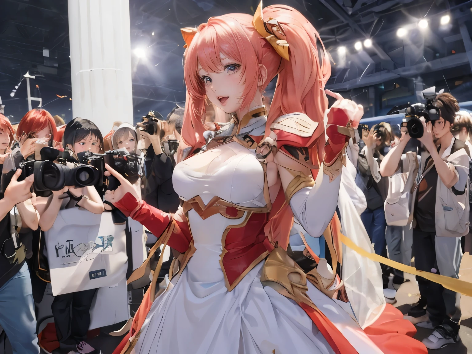 a cosplayer woman has ((a physically translucent clothes and body)), (surrounded by photographers), big event with anime and games,