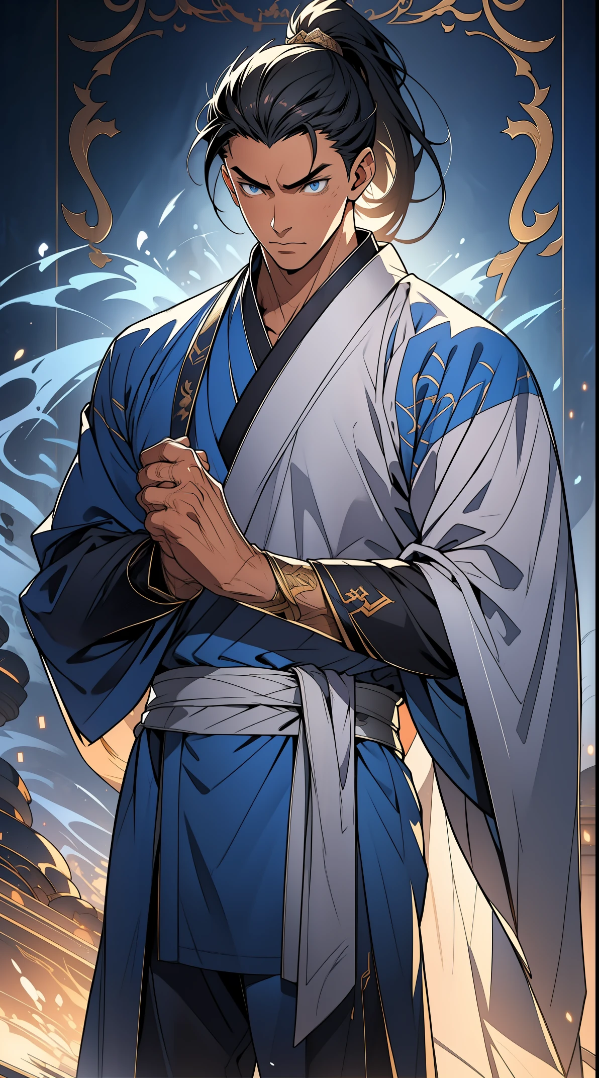 Two dimensions,anime style,one person(male warrior),proportions are correct,facial details,swordsman,high ponytail hairstyle,neck detail,Have an Adam's apple,Blue suit,joke,blue robe,clothing details,transfer,long sleeves,Game quality,fencing,Ray tracing,Ray tracing,Detailed glow,CG rendering,hair details,long black hair,blue eyes,Handsome,Handsome,(Youthful feeling),Clothing is complicated,Perfect composition,refine,high quality,higher details,many details,Complex background,a sense of atmosphere,