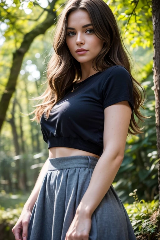 von oben. Portrait of a beautiful European light brunette woman, Alter 23, welliges Haar. 
She is a model for Playboy magazine. She has a subtle smile and flirts with the camera, 
( Sie steht aufrecht in einem riesigen Bambuswald, She is wearing a shirt and skirt in random colors, im Abendlicht:1.2),
perfekte Augen, perfect hands, perfect body, perfektes Haar, perfekte Brust, Haare hinter dem Ohr, verschwommener Vordergrund, UHD, Retina, Meisterwerk, Genau, anatomisch korrekt, strukturierte Haut, Super Detail, hohe Details, Good quality, award-winning, best quality, High Resolution, 16k, 8 TAUSEND,
