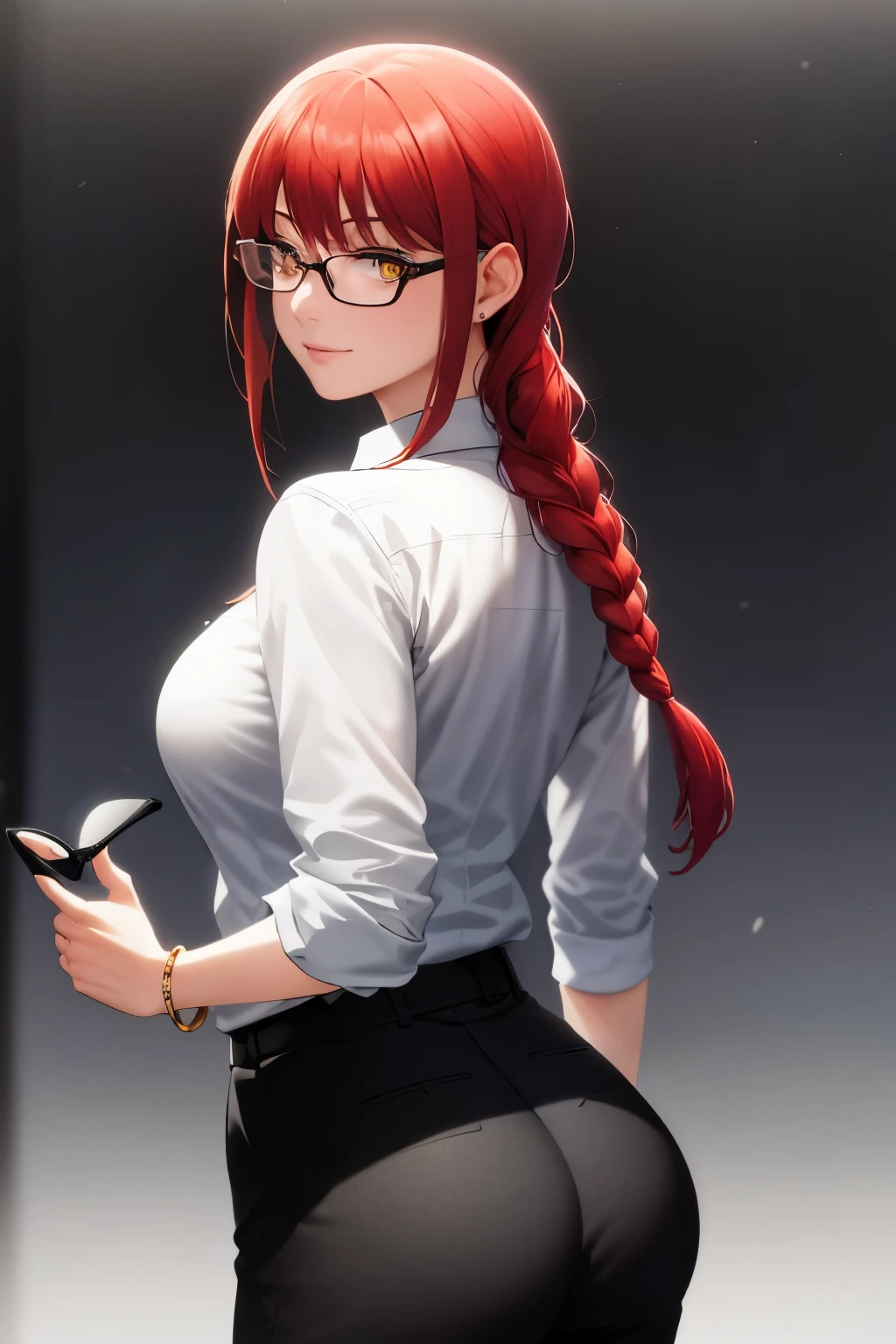 beste-Quality, A masterpice, photorealestic:1.37, ultra-high-resolution, 8K raw photos, 1girl in, eye glasses, Beautiful face, beautifuleyes, Medium breasted, Secretary's costume,White Y-shirt、Black pants、Whole human body、 Captivating, A bracelet, jewlery, looking at the viewers, in a office, High detailed skin, pores, detailed back ground, 8K UHD, DSLR,red hairs, Long braided hair, Golden Eyes,Makima