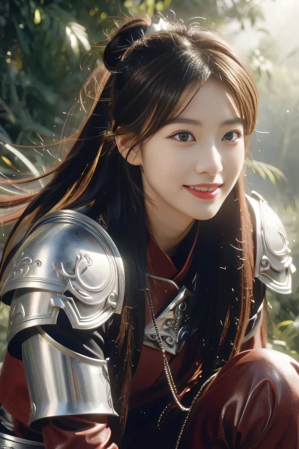 Chinese female general Hua Mulan,reddish brown leather armor,Silver metal breastplate,battlefield background,hand weapon,majestic,Smile(open mouth)(The corners of the mouth are raised),Leather tunic,Knee pads,eight clones,sunshine on face,,Bundle hair,silver metal headband,,Hair bun raised high。Wild forest background