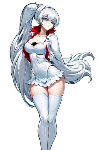 ((Best quality, 8k, Masterpiece :1.3)), (full body:1.5), 1girl, (white cropped jacket, highly detailed, rule of thirds, jewelry, long hair, bangs, hair between eyes), (Very slim and slender muscular body:1.3), (long leges:1.5), (Extremely beautiful face, Beautiful lips, Beautiful eyes), (thicc:1.5), wide hips,  legs spread, (the pose:1.4), (Huge breasts:1.5), (huge tit, sagging breast, Slim, tightsuit, Lower chest position, Swollen breasts, crisp breasts, Breasts during lactation), (weiss schnee:1.5)