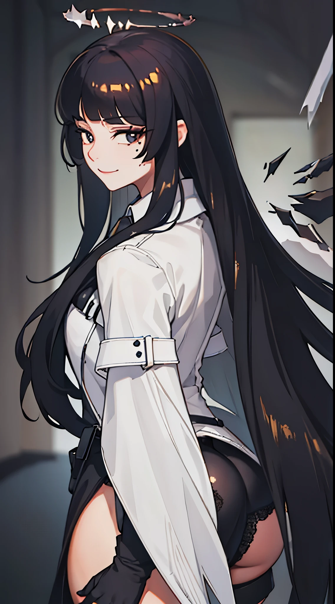 best quality, masterpiece, highres, solo, {virtuosa_arknights:1.15}, long_hair, bangs, black_hair, halo, smile, closed_mouth, ascot, very_long_hair, wings, black_eyes, blunt_bangs, 1girl, collared_shirt, shirt, looking_at_viewer, mole, mole_under_eye, simple_background, white_background, white_shirt, black_ascot, portrait, upper_body, voluptuous booty, busty, thicc thighs, cute, hot, sexy, bent over, back facing camera