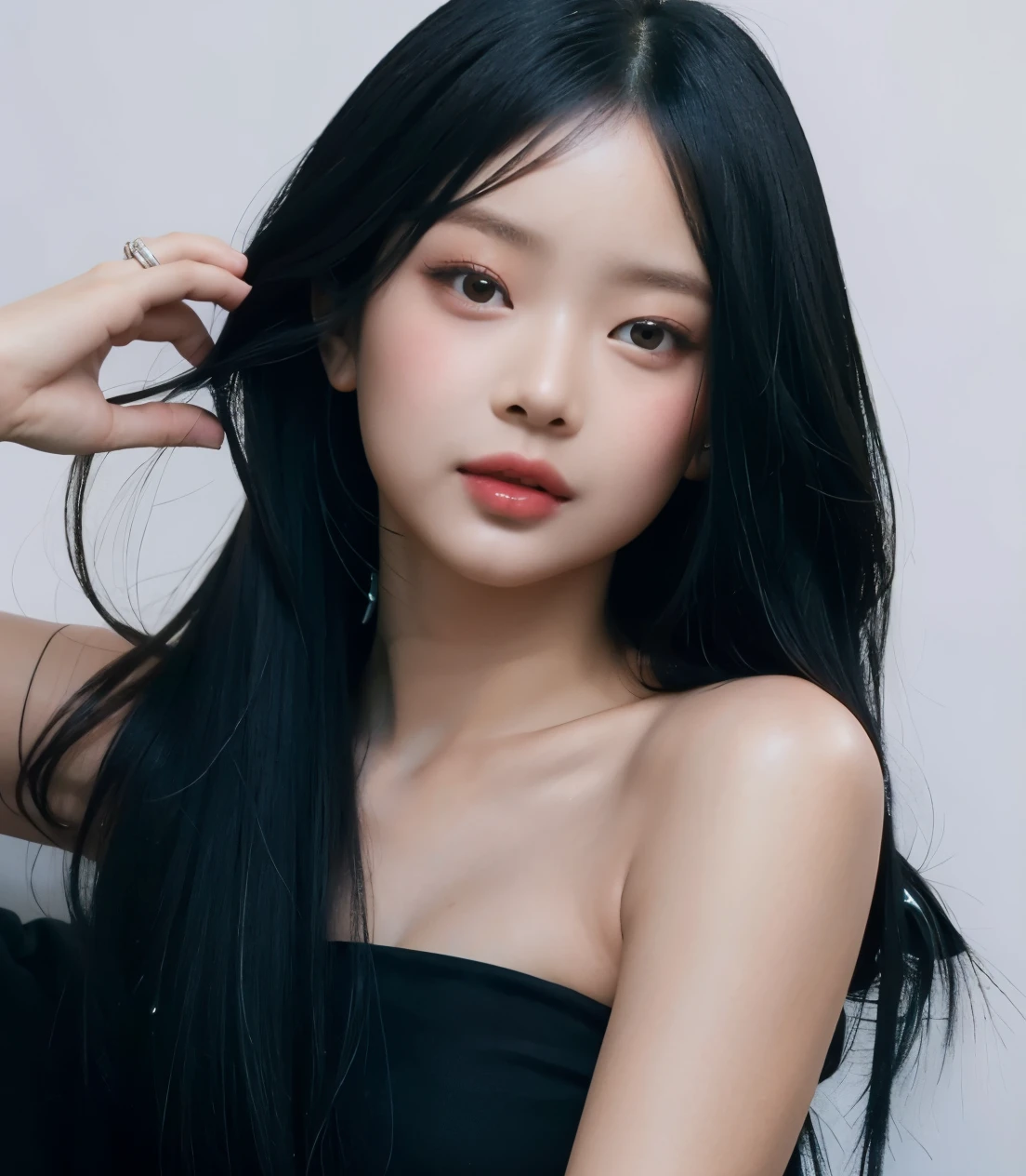 um close up de uma mulher com longos cabelos pretos usando um vestido preto, beautiful south mulher coreana, Hanni Pham, coreana, beautiful young mulher coreana, gorgeous young mulher coreana, Retrato de Hanni Pham, Ulzzang, mulher coreana, Hanni Pham do Newjeans, maquiagem coreana popular