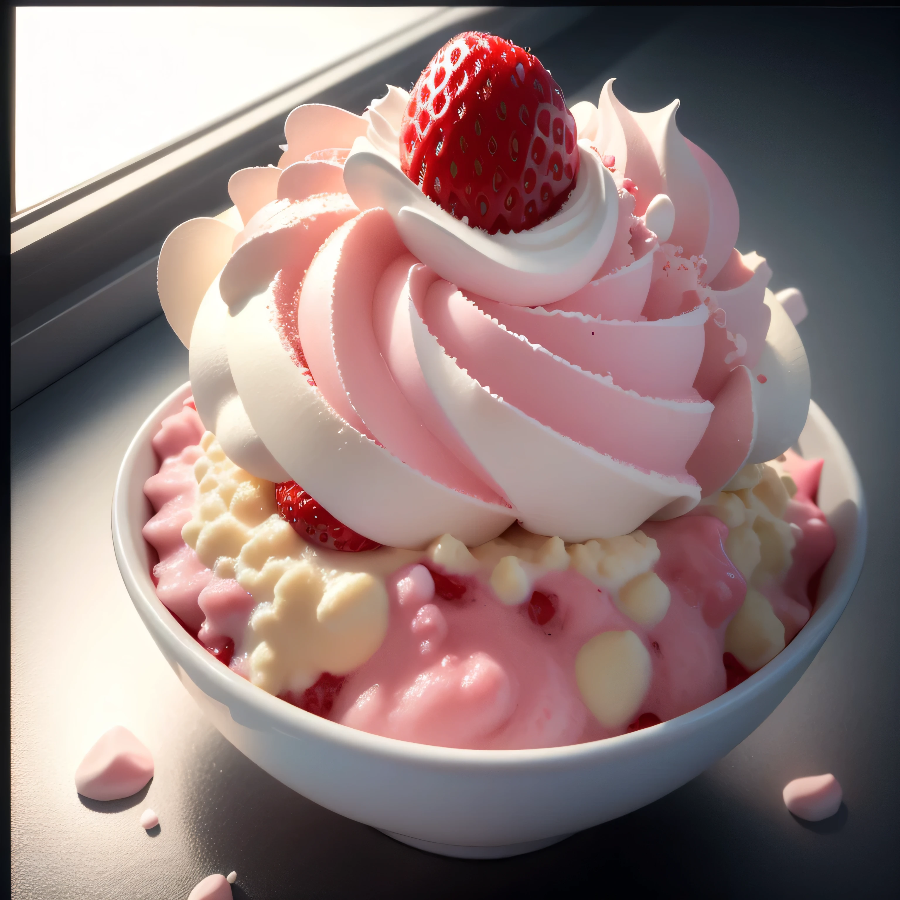 Strawberry Ice Cream Sundae, realistic, high detail, Complex, sharp focus, 8K, HD, Full HD, Ultra HD, super resolution, megapixel, scattered below the surface, edge lighting, edge light, edge lighting, edge lighting, best lighting, Fresh, Lumen Reflection, Screen space reflection, Post-processing, post production, start melting the ice cream, semi-fluid, noise removal, shader (color fruit fusion: 0.222) (BRTDRPP:1.122)
