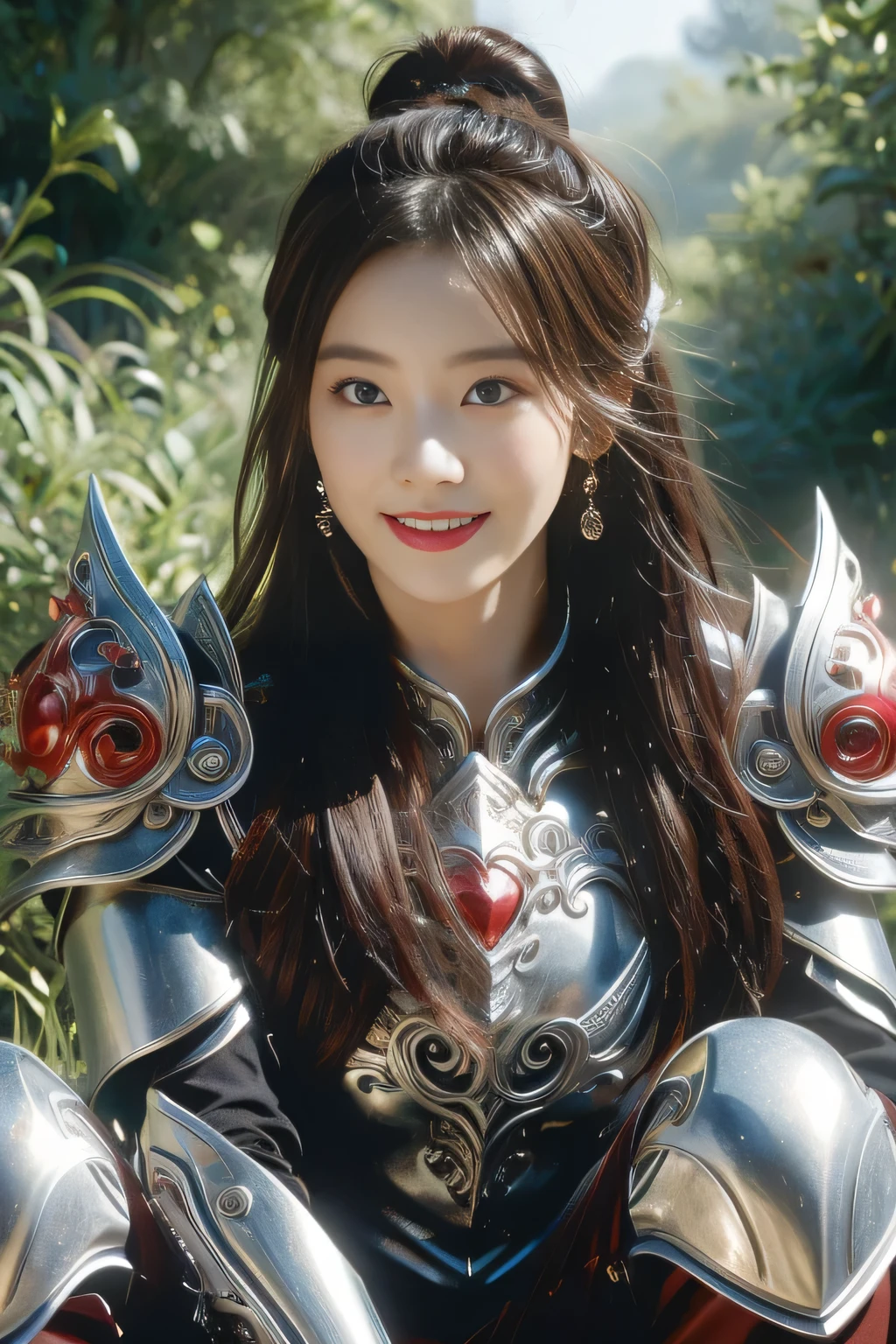 Chinese female general Hua Mulan,reddish brown leather armor,Silver metal breastplate,battlefield background,hand weapon,majestic,Smile(open mouth)(The corners of the mouth are raised),Leather tunic,Knee pads,eight clones,sunshine on face,,Bundle hair,silver metal headband,,Hair bun raised high。Wild forest background