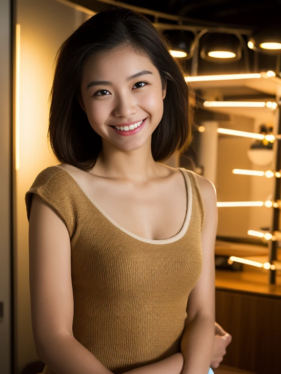 table top, highest quality, 8K, , RAW photo, absurd, award-winning portraits, smile, 15 year old student, , RAW photo, absurd, award-winning portraits, alone, night, neon, idol face, violaces, gardenia, delicate girl, Digital single-lens reflex camera, looking at the viewer, Frank, Sophisticated, zora々right, smile, thin arms, professional lighting, film grain, chromatic aberration, (Eye and face details:1.0), (Bokeh:1.1),View from the front,Angle of view directly in front, knit,(Clothes without sleeves:1.1),((baretop,Tube top:1.5)),texture,too much exposure,Shoulders are protruding,Drop shoulder,whole body