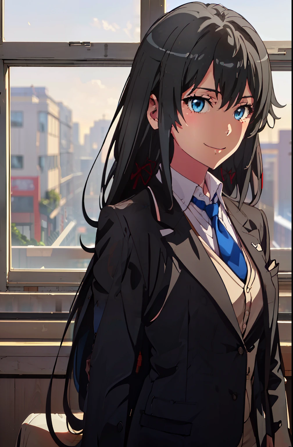 ((best quality)), ((masterpiece)), (detailed) 1girl 1girl, ;\), blurry, blurry_background, breasts, , hair_long , looking_at_viewer, ok_sign, one_eye_closed, open_hand, Yukinoshita Yukino ,Woman wearing formal clothes, An attractive coat stands in a large gap in the room , 1girl, 独奏, blue necktie, Black hair, eyes blue, long hair, smile , collared shirt, white pants, white shirt , Elegantly designed coat , Stand in front of a window ,Perfectly tailored tailcoat. It has a stunning Victorian design and is made of lustrous fabric , soft thighs , full body