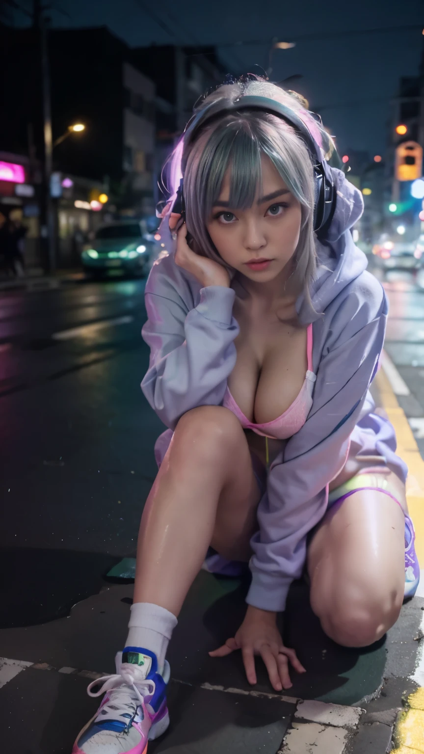 Extreme low angle, full body, (8k, RAW photo, highest quality, masterpiece), High detail RAW color photo, professional close-up photo, (realism, photorealism:1.4), (highest quality), (best shadow), (best illustration), a japanese girl in sexy pose, knees up, long legs, wearing headphone, photogenic style, surreal face with soft skinice perfect face, seductive look, grey blue eyes, girl long green hair with purple highlight style, good hand, perfect hand, proportional body, wearing oversized hoodie, exposed cleavage, bottomless, expose tight, high sock, nike air force shoes, waiting for you, tokyo night, neon, neon pink, neon blue, neon lime green, wet road, water reflection, zoom in, photon mapping