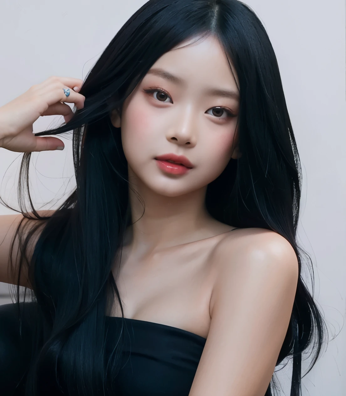 um close up de uma mulher com longos cabelos pretos usando um vestido preto, beautiful south mulher coreana, Hanni Pham, ****** coreana, beautiful young mulher coreana, gorgeous young mulher coreana, Retrato de Hanni Pham, Ulzzang, mulher coreana, Hanni Pham do Newjeans, maquiagem coreana popular