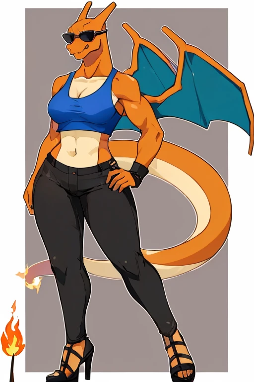 ((Charizard)), anthropomorphic, big boobs, big ass, pokemorph, (((1girl))), (((blue cropped tank top))), (black pants), (sunglasses), cute and sexy, (black heels), slender, orange skin, (black fingerless gloves), long legs, smiling