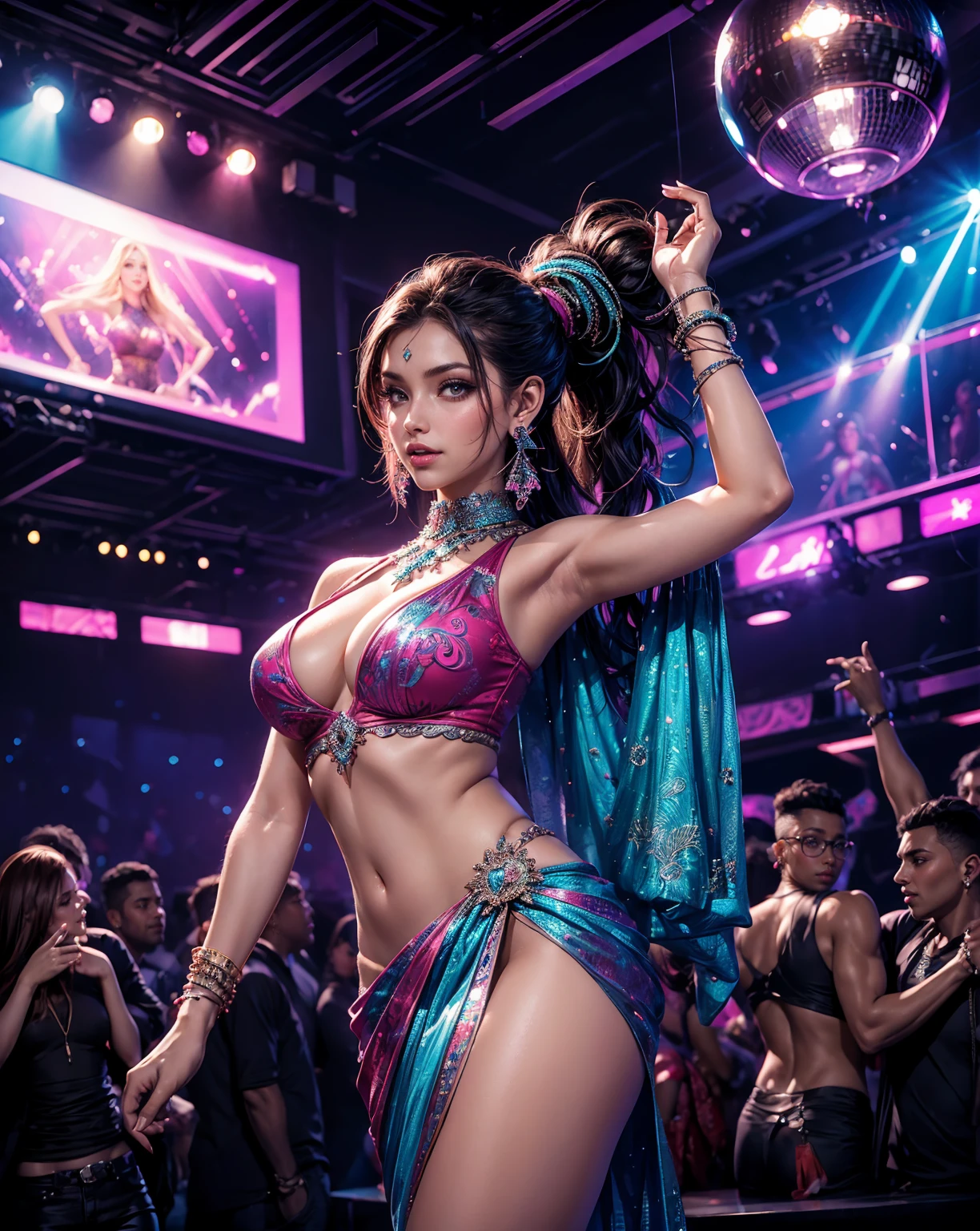 (masterpiece), best quality, expressive eyes, perfect face, front lighting, (inside dance party with light beams and male crowd background), (dancing on stage), (seductive look), (cleavage view), (1girl, Nico Robin, milf, latina, dark skin, short black hair with bangs, straight flat hairstyle, brown eyes, hourglass figure, thick body, curvy body, large breasts, huge breasts, oppai, large cleavage, wide hips, thick thighs), (transparent clothes, transparent outfit, transparent lingerie, light-blue strapless bandeau, pink trim, croptop, sleeveless, strapless, exposed under_boobs, light-blue thong),