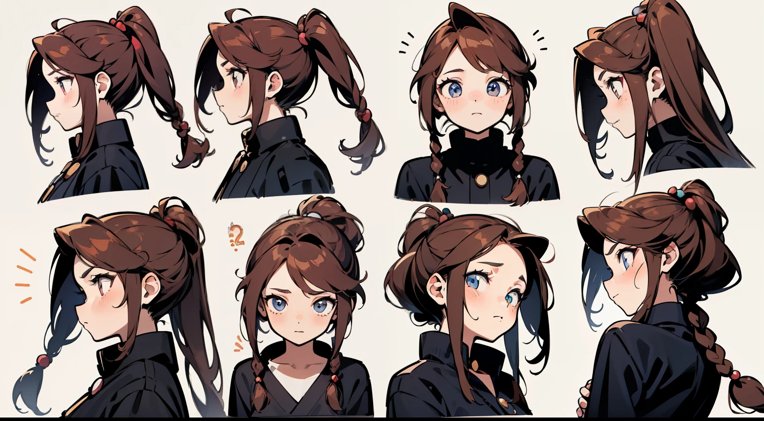 21 years old, redhead girl, Armpit length hair (((Happy flirtatious look))) Jeans and tight top, ((Odango hairstyle)) (((Detailed Character Sheet, Front view, Side view, three quarter view))) (((white background)))