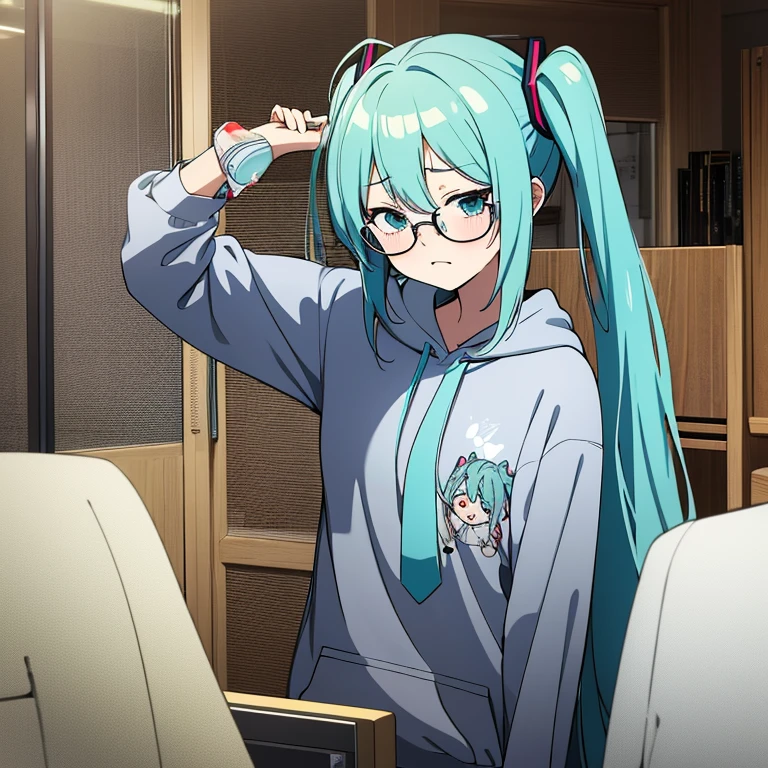 messy hair、dull bangs、ポニーテールmessy hair、Sloppy、cross-eyed、drunk、turned around、( stupid / Sexual ecstasy)、turned around、glasses、highest quality, Super delicate illustration, beautiful charming anime girl, miku hatsune, slender body, tied hair, one girl,hood、hoodie