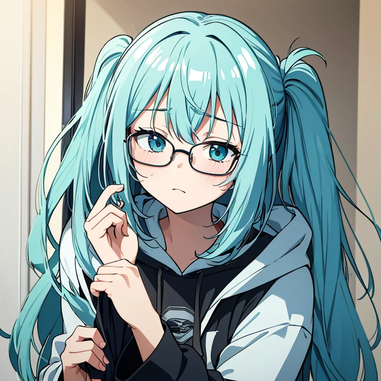 messy hair、dull bangs、ポニーテールmessy hair、Sloppy、cross-eyed、drunk、turned around、( stupid / Sexual ecstasy)、turned around、glasses、highest quality, Super delicate illustration, beautiful charming anime girl, miku hatsune, slender body, tied hair, one girl,hood、hoodie
