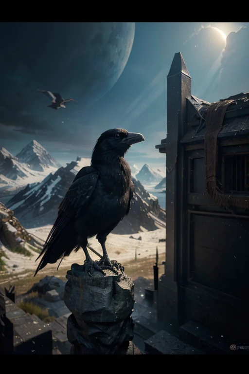 ((best quality)) , ((masterpiece)) , (detailed) ,fantasy art,a black crow, On pale black paper, Cyberpunk Hellfire, from inside of a middle-earth, Sun in the sky, equirectangular 360, Cel shaded, Peaceful, 50mm, Highres, trending on artstation, 8k resolutio