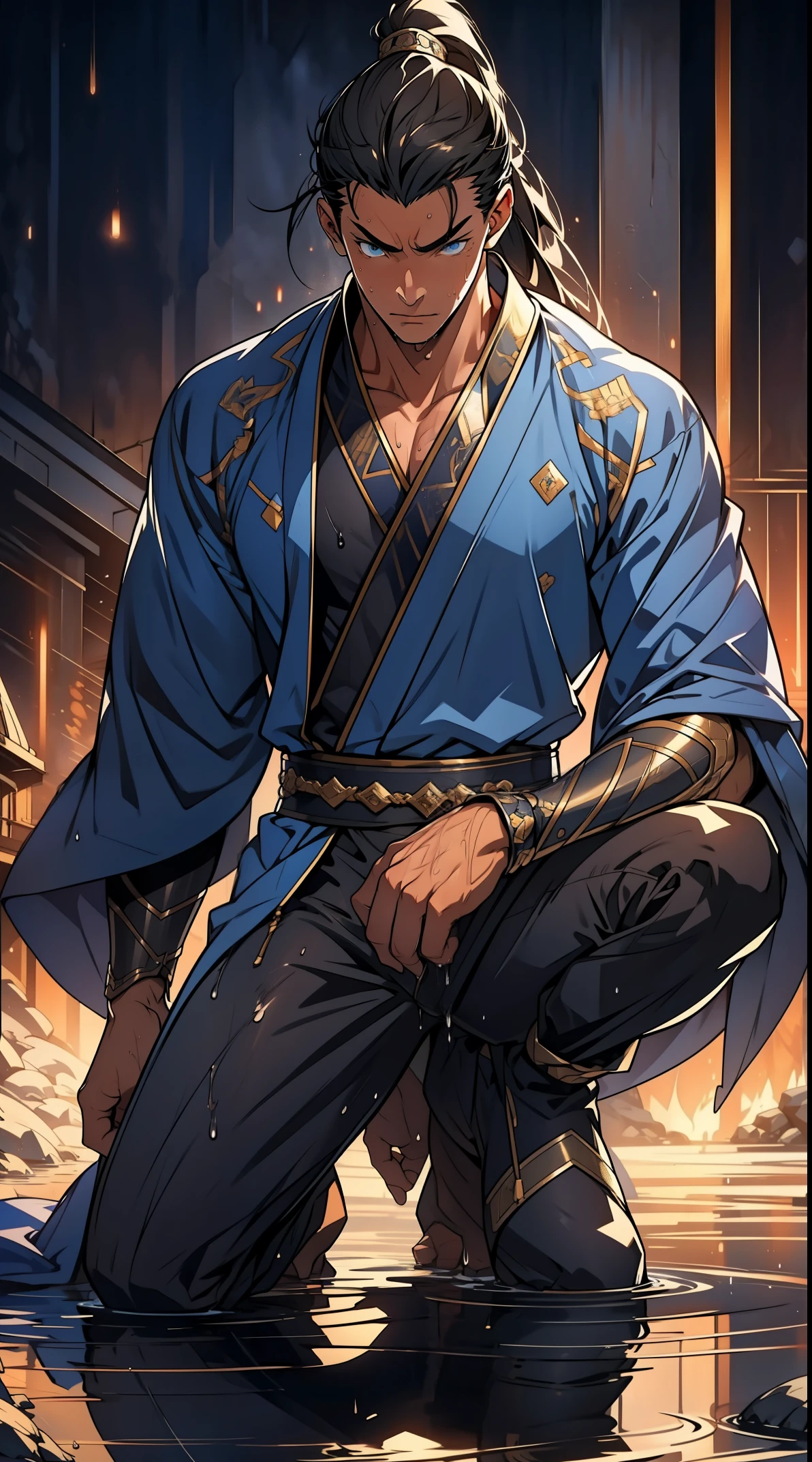 Two dimensions，anime style，one person（male warrior），proportions are correct，facial details，swordsman，high ponytail hairstyle，neck detail，Have an Adam&#39;s apple，Blue suit，joke，blue robe，clothing details，transfer，long sleeves，Game quality，fencing，Ray tracing，Ray tracing，Detailed glow，CG rendering，hair details，long black hair，blue eyes，Handsome，Handsome，（Youthful feeling），Clothing is complicated，Perfect composition，refine，high quality，higher details，many details，Complex background，a sense of atmosphere， 1 person，very shy，Pee on legs，The semen flows down the thighs，Awkward，excited，very shocked，panicked，Worry，A small puddle of their own urine forms around the feet，Full body female love，Kneeling on the ground，really want，Very uncomfortable，wet yourself，Urine discharge， Sweating of the crotch，Soaked，