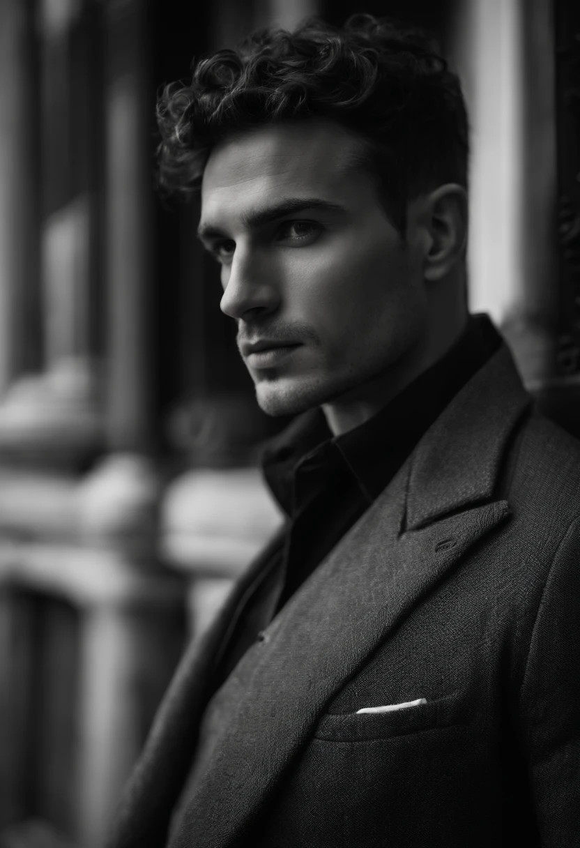 mbres sensuelles: The enigmatic handsome man look - Immerse yourself in sensual shadows with an extreme close-up that highlights striking eyes and short, curly brown hair, (shaven:1.3). The mastery of light and shadow adds depth to its masculine aspect in this dramatic composition... Captured with a Fujifilm GFX 100S and a Fujinon GF 63mm f/2.Objectif 8 R WR --ar 9:16 --s 350 --c 10 --style brut
