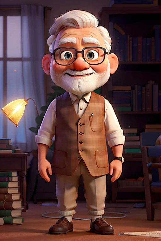 A Narendra modi standing in front, illuminated by the light of a lamp, against the backdrop of a library in pixar style animation