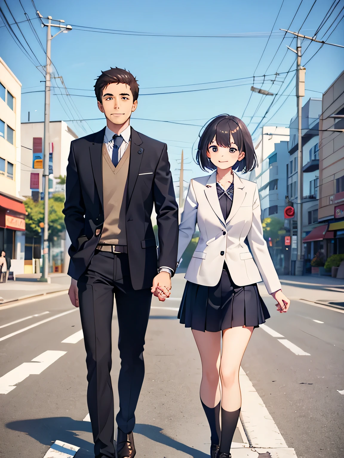 (1) A male and female couple walking hand in hand.
(2) Male is 40 years old、I'm wearing a suit.
(3) women are 18 years old、She is wearing a high school uniform with a miniskirt.。.
(4) they are smiling.
(5) The location is the street in front of the station in the morning..