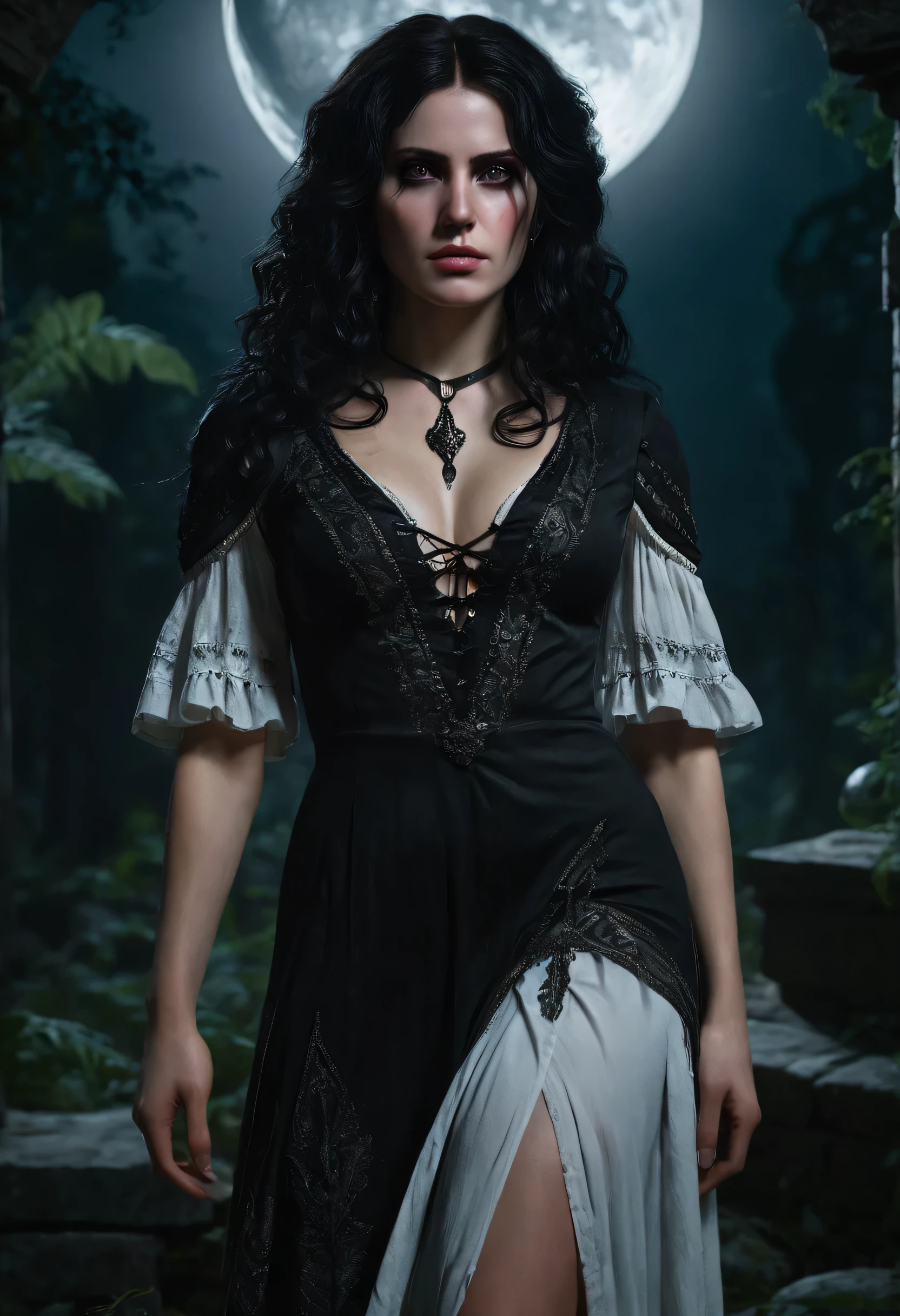  ultra detailed, photo of beautiful yennefer of vengerberg, Witcher character, 1girl, solo, deep black eyes, facing the viewer, sadness in eyes, (high detailed skin:1.2), intricate skin details, visible skin detail, detailed skin, (detailed skin texture:1.1), (beautiful Moon night), Deep in a mystical forest, surrounded by ancient ruins, wearing a Sexy and exotic maxi length dress with high slit legs , god rays, ray tracing, Gothic art, god rays, ray tracing, masterpiece, best quality, textured skin, super detail, high quality, highres, 16k, textured skin, super detail, high quality, highres, 16k, anatomically correct
