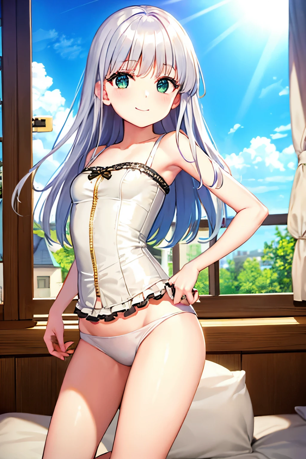 Cabello largo plateado, ojos verdes, petite, corset, sonrisa, happy, muslos hermosos, underwear, inside house