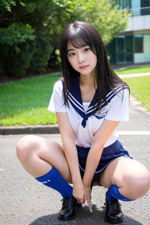 ((highest quality)), ((masterpiece)), real Japanese beautiful high school girl、Summer school uniform、beautiful thighs、40cm miniskirt above the knee、Hair is wet from rain、My underwear is wet and transparent、My chest is wet from the rain、short open chest shirt、Beautiful small cleavage、Squat with legs wide apart、sanitary napkin、navy blue socks、Apply an electric vibrator to your crotch