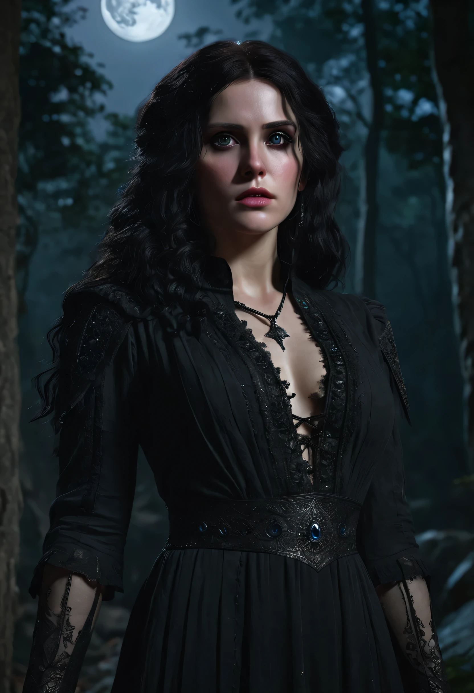  ultra detailed, photo of beautiful yennefer of vengerberg, Witcher character, 1girl, solo, deep black eyes, facing the viewer, sadness in eyes, (high detailed skin:1.2), intricate skin details, visible skin detail, detailed skin, (detailed skin texture:1.1), (beautiful Moon night), Deep in a mystical forest, surrounded by ancient ruins, ((wearing a Sexy and exotic maxi length dress with high slit legs)) , god rays, ray tracing, Gothic art, god rays, ray tracing, masterpiece, best quality, textured skin, super detail, high quality, highres, 16k, textured skin, super detail, high quality, highres, 16k, anatomically correct