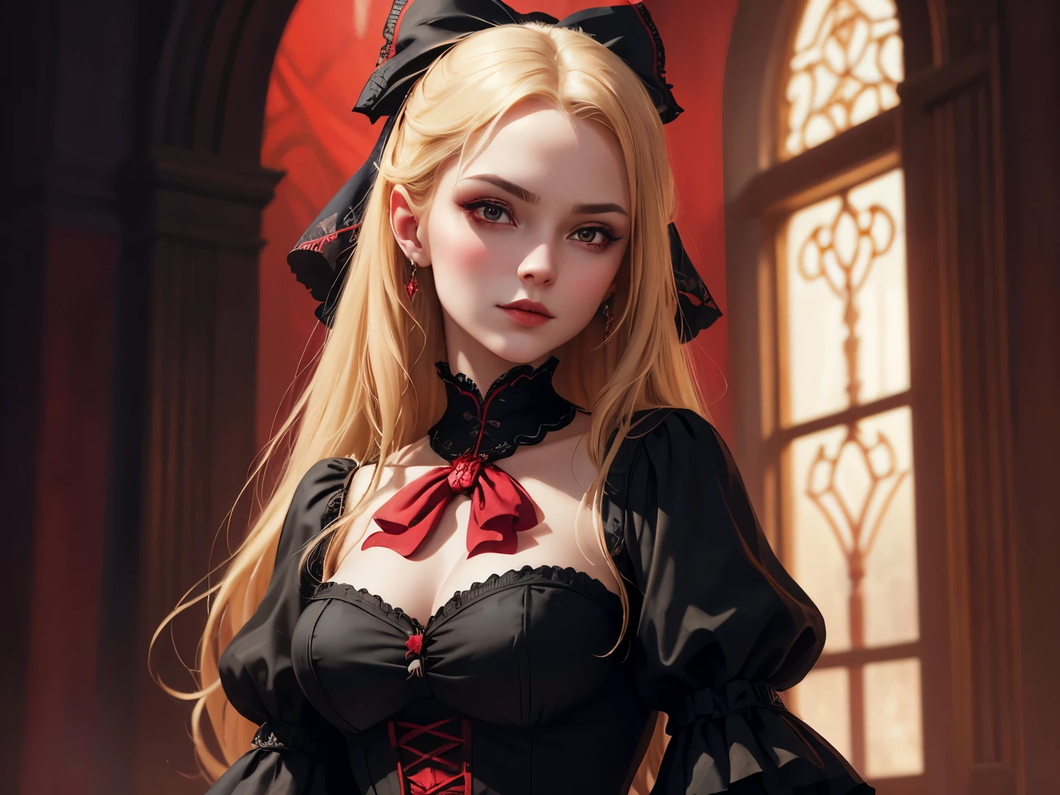 blond girl with red bow in black and red velvet dress, digital art by Hristofor Zhefarovich, shutterstock, gothic art, beautiful fantasy portrait, gothic princess portrait, romanticism portrait, karol bak uhd, beautiful fantasy art portrait, fantasy portrait, elegant victorian vampire, beautiful portrait photo, portrait shot, very beautiful portrait, beautiful portrait