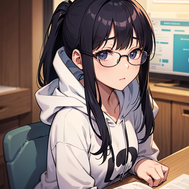 One Girl、Otaku、Geek、Messy room、Changing clothes、Undressing、Bra is visible、belly button、Training wear、Jersey、Glasses、Sleepy eyes、Sulky look、Shaggy Hair、Bouncy hair、Watching the audience、Upper Body、computer、tv set、Looks dirty、Scratching hair、Angle from above、Sitting on the floor、sitting cross-legged、Garbage bag、Garbage can、Rolled tissue paper、Close one eye、