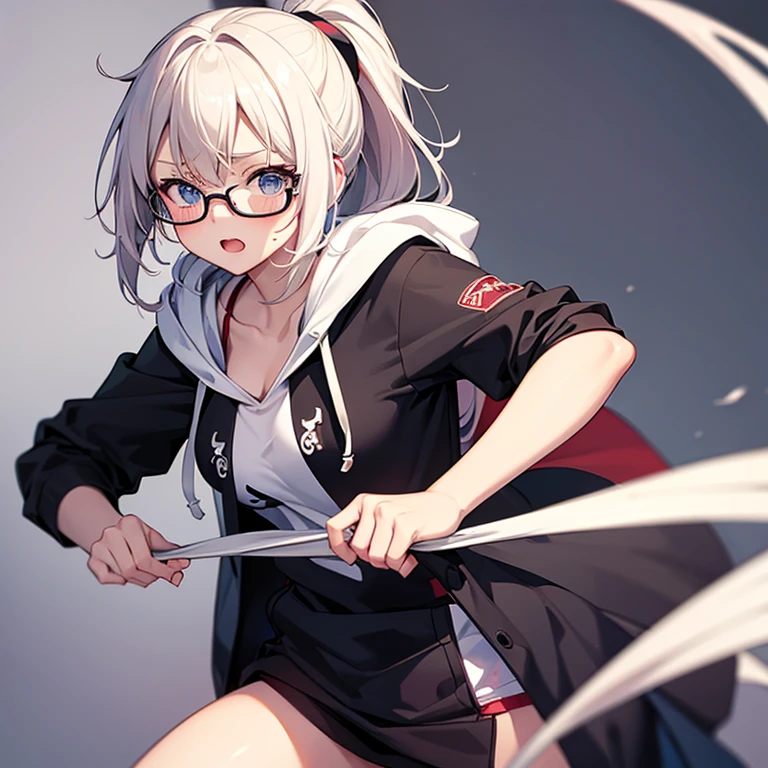 messy hair、dull bangs、ponytail、one piece、messy hair、Sloppy、cross-eyed、drunk、turned around、( stupid / Sexual ecstasy)、turned around、glasses、highest quality, Super delicate illustration, beautiful charming anime girl, slender body, tied hair, one girl,hood,hoodie