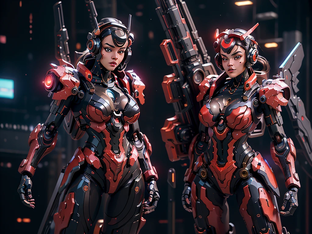 (masterpiece), best quality, ((1 girls)) (cleavage), ultra-realistic, 8k, stunningly beautiful, intricate details, realistic, high saturation,
(Meccha girl, ultra detailed,
black and red cyber suit, Cyberpunk background. full body pose