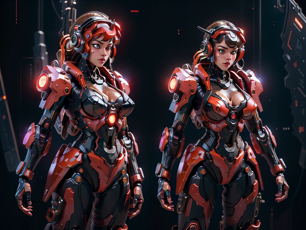 (masterpiece), best quality, ((1 girls))  (cleavage), ultra-realistic, 8k, stunningly beautiful, intricate details, realistic, high saturation, 
(Meccha girl, ultra detailed, 
black and red cyber suit, Cyberpunk background. full body pose