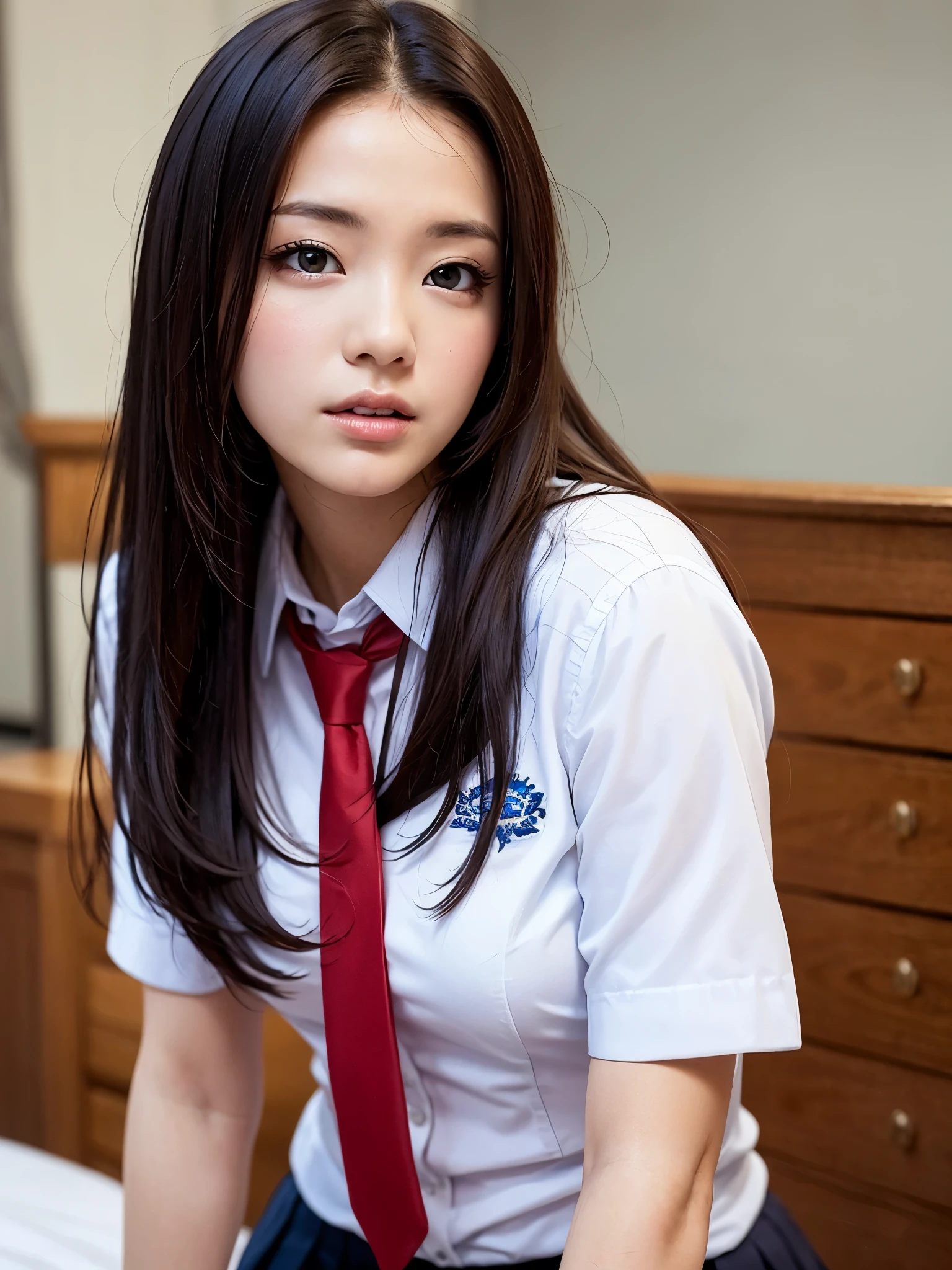 （highest quality，4K，masterpiece：1.2），Beautiful woman，1 girl，sexy：1.1，dark yellow hair：1.1，Woman in school uniform，Drenched uniform，super detailed face，detailed lips，fine eyes，double eyelid，miniskirt white stockings，stand up