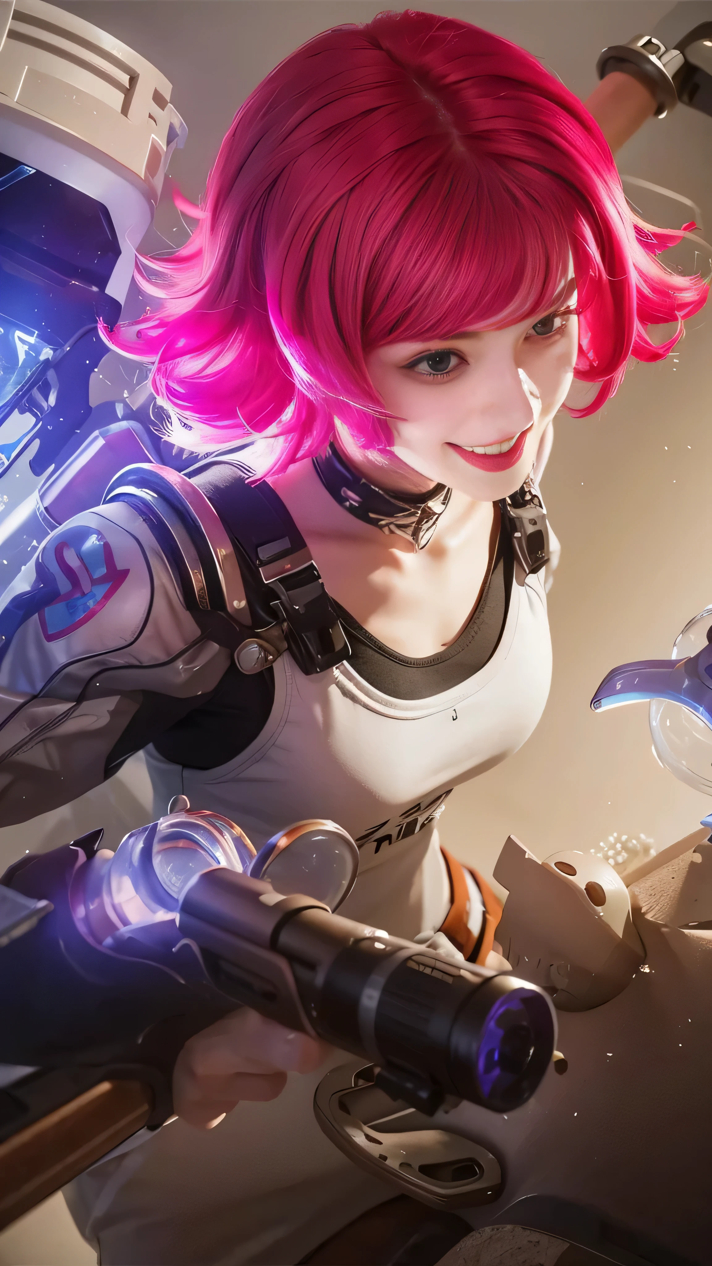 smile, 8k, very detailed, close-up shot of a woman with pink hair and a gun