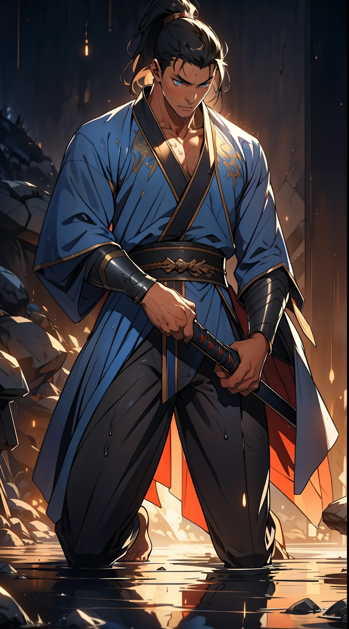 Two dimensions,anime style,one person(male warrior),proportions are correct,facial details,swordsman,high ponytail hairstyle,neck detail,Have an Adam's apple,Blue suit,joke,blue robe,clothing details,transfer,long sleeves,Game quality,fencing,Ray tracing,Ray tracing,Detailed glow,CG rendering,hair details,long black hair,blue eyes,Handsome,Handsome,(Youthful feeling),Clothing is complicated,Perfect composition,refine,high quality,higher details,many details,Complex background,a sense of atmosphere, 1 person,very shy,Pee on legs,The semen flows down the thighs,Awkward,excited,very shocked,panicked,Worry,A small puddle of their own urine forms around the feet,Full body female love,Kneeling on the ground,really want,Very uncomfortable,wet yourself,Urine discharge, Sweating of the crotch,Soaked,