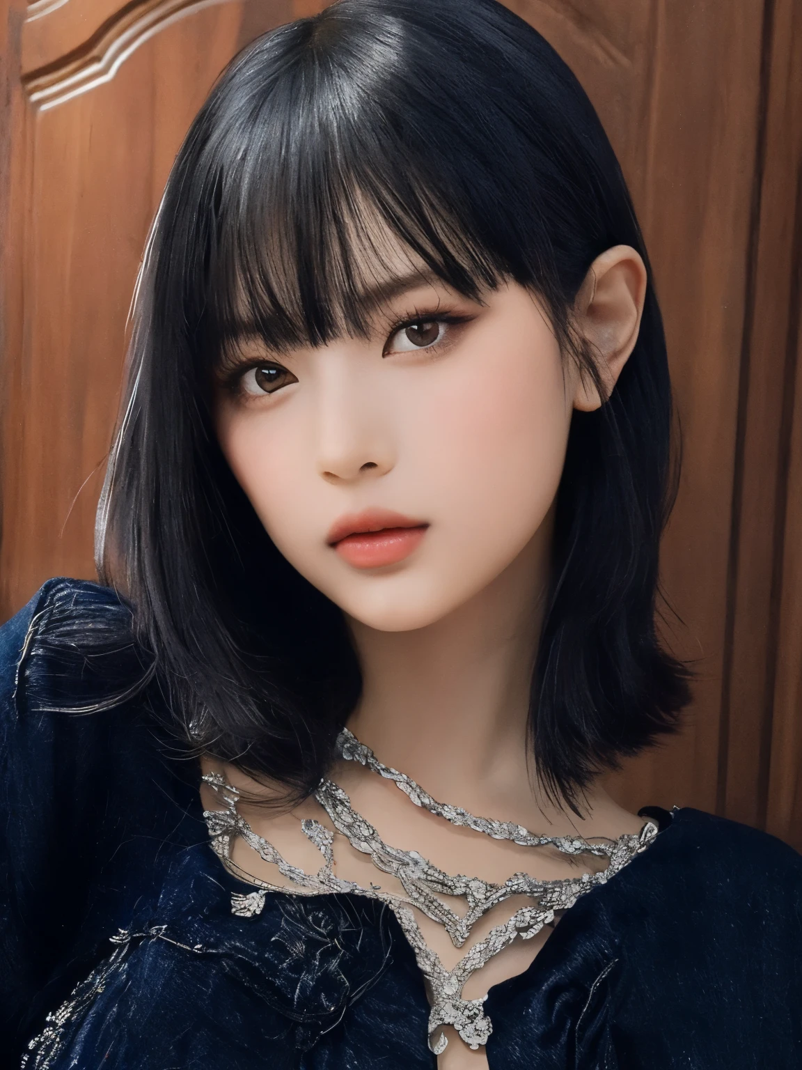 um close up de uma mulher com um colar e uma camisola, corte de cabelo preto hime, neat hair com franja, Ulzzang, penteado com corte hime branco, she has black hair com franja, com cabelo curto com franja, cabelo preto na altura dos ombros, com cabelo curto, com franja, cabelo preto na altura dos ombros, o corte Hime, com franja completa, franja repartida ao centro, Hanni do Newjeans, Retrato da Hanni do Newjeans.