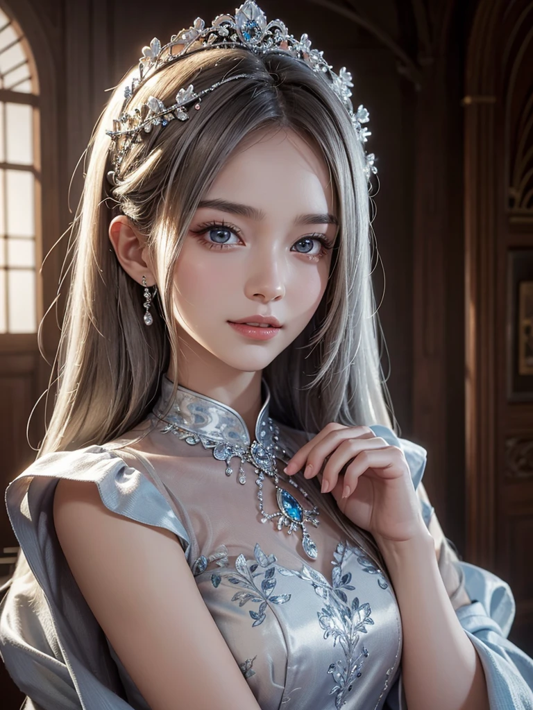 intricate detail, masterpiece, best quality, extremly detailed,cinematic lighting, beautiful detailed glow, finely detailed beautiful face and eyes, smile , long smooth shiny silky silver hair, Realistic lighting, pretty face , Body perfect anatomy,Top Quality, 8K Resolution , full body , High quality, realistic , Cinematic, Aesthetic, beautiful girl , cheongsam dress , symmetrical face , flower background, wearing a bejewelled tiara