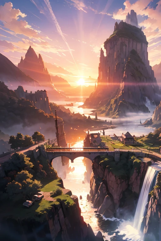 , floating island, sunset, Mountain, waterfall, ((masterpiece)), anime art, 　makoto shinkai, hayao miyazaki, Studio Ghibli, 4K, disorganized, highest quality, HDR　traveller　birdie