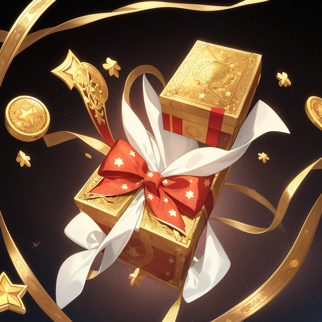 A gift box, gems, gold coins, patterns, stars,
high-definition, game icons, patterns, black background