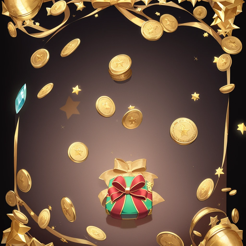 A gift box, gems, gold coins, patterns, stars,  
high-definition, game icons, patterns, black background   