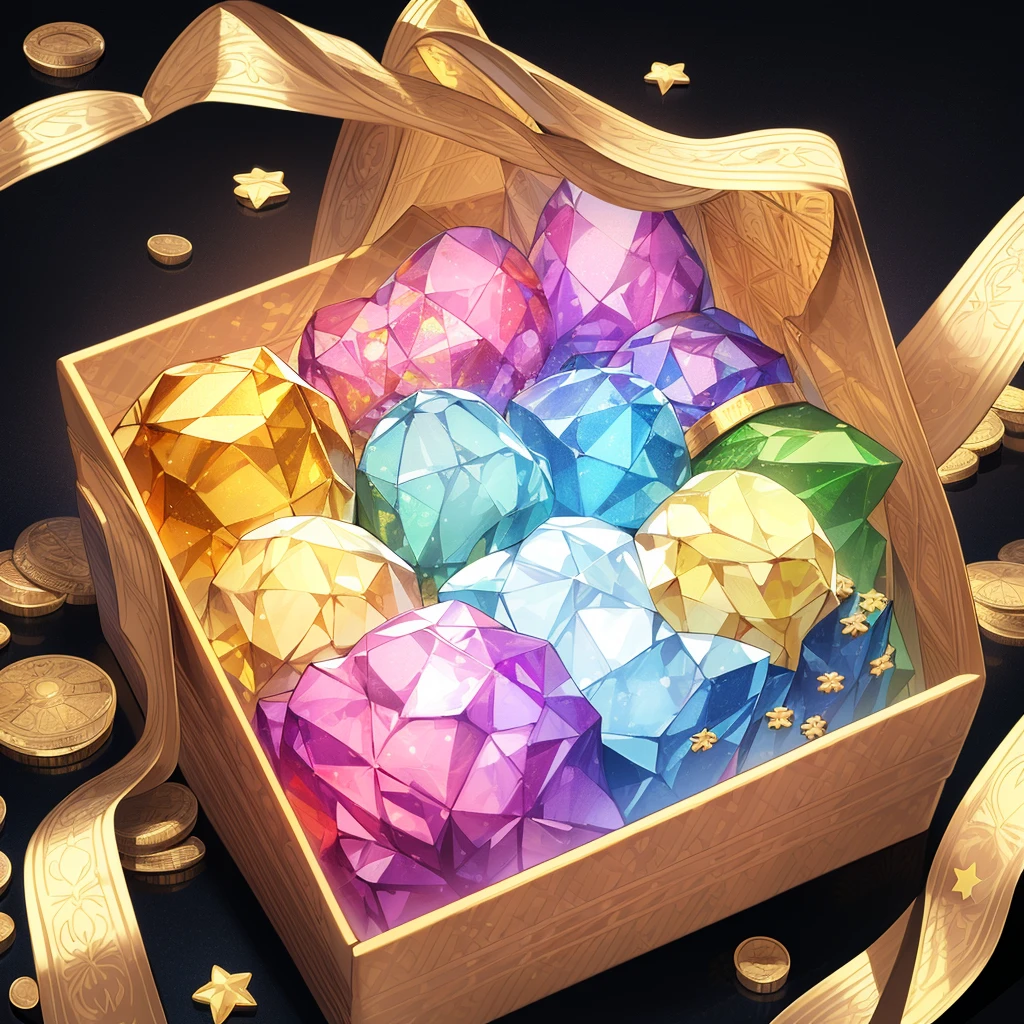 A gift box, gems, gold coins, patterns, stars,
high-definition, game icons, patterns, black background