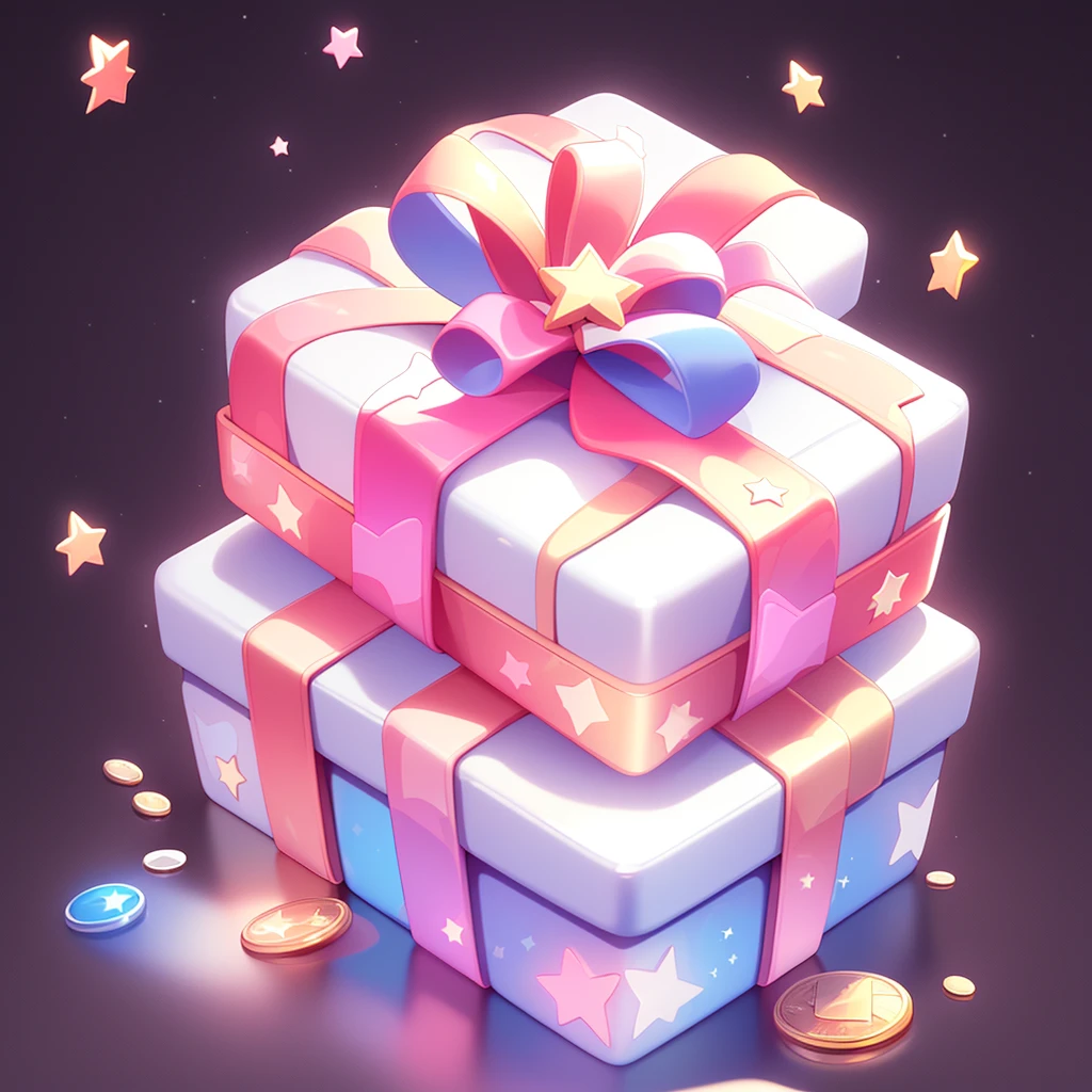 A gift box, gems, gold coins, patterns, stars, high-definition, game icons, patterns, black background
