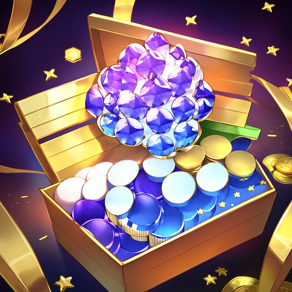 A gift box, gems, gold coins, patterns, stars, high-definition, game icons, patterns, black background
