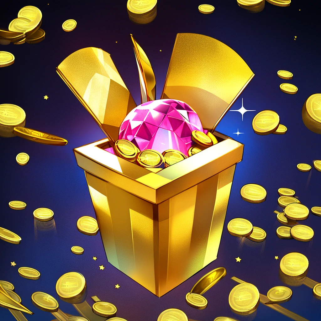 A gift box, gems, gold coins, patterns, stars, high-definition, game icons, patterns, black background
